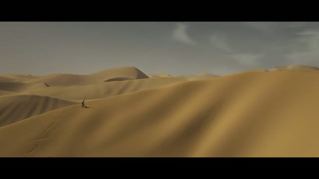 Sintel walking across sweeping golden sand dunes